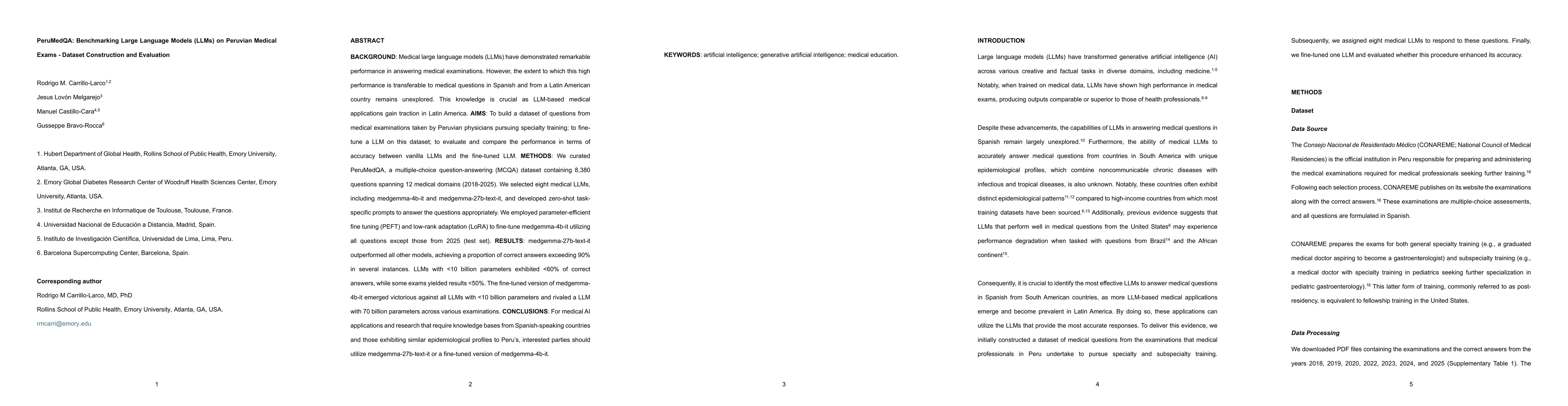 Thumbnail for PeruMedQA: Benchmarking Large Language Models (LLMs) on Peruvian Medical
  Exams -- Dataset Construction and Evaluation