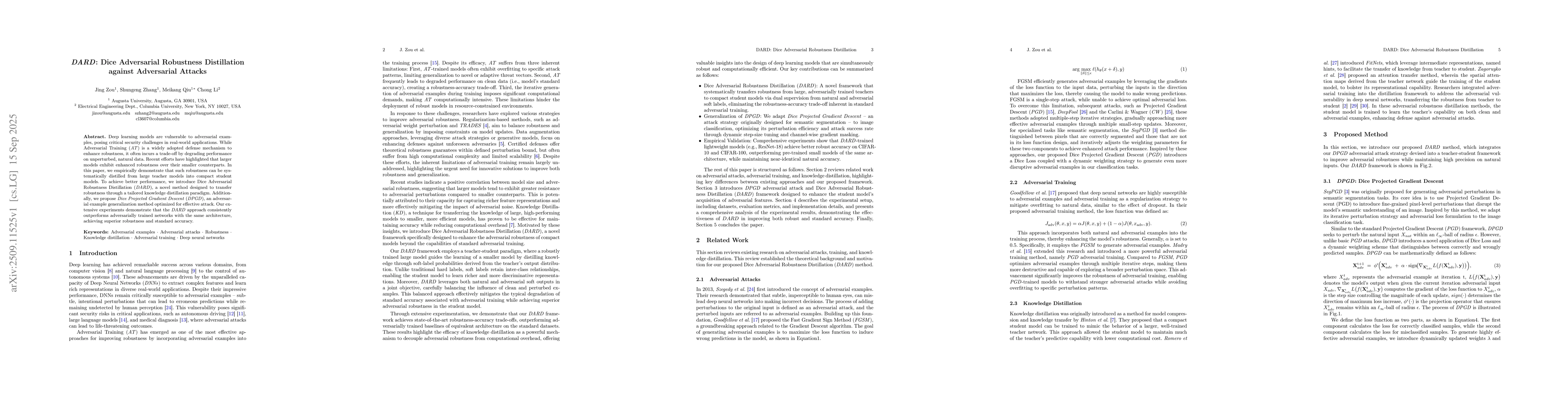Thumbnail for DARD: Dice Adversarial Robustness Distillation against Adversarial
  Attacks