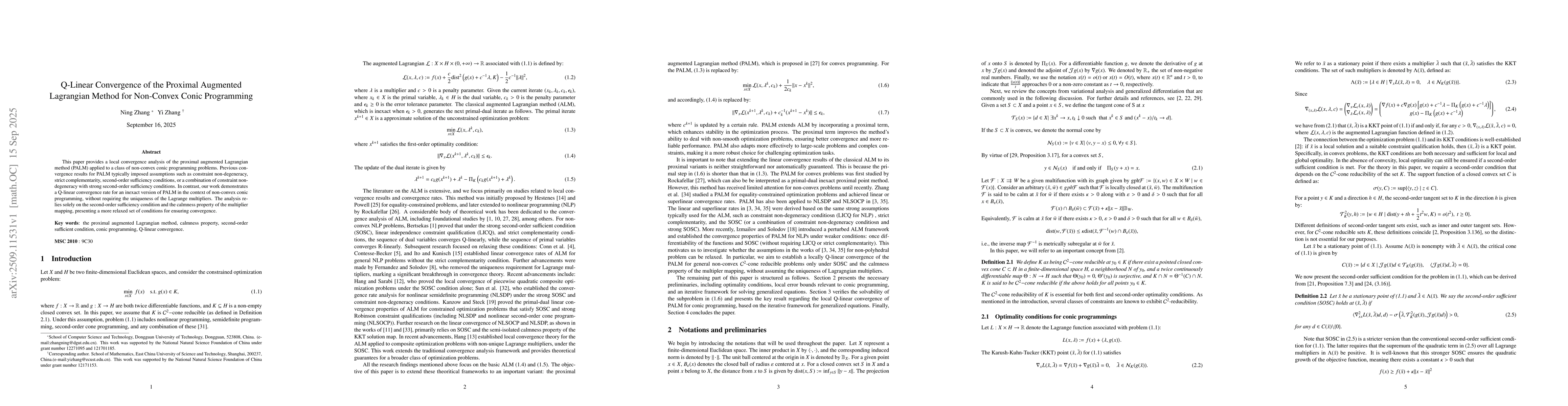 Thumbnail for Q-Linear Convergence of the Proximal Augmented Lagrangian Method for
  Non-Convex Conic Programming