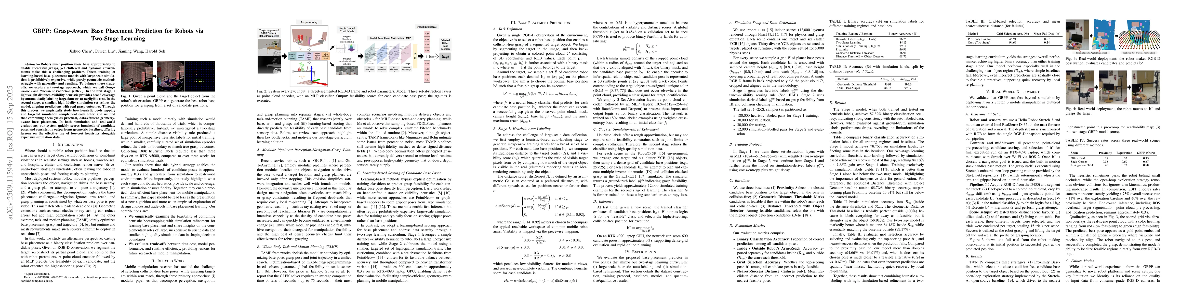 Thumbnail for GBPP: Grasp-Aware Base Placement Prediction for Robots via Two-Stage
  Learning