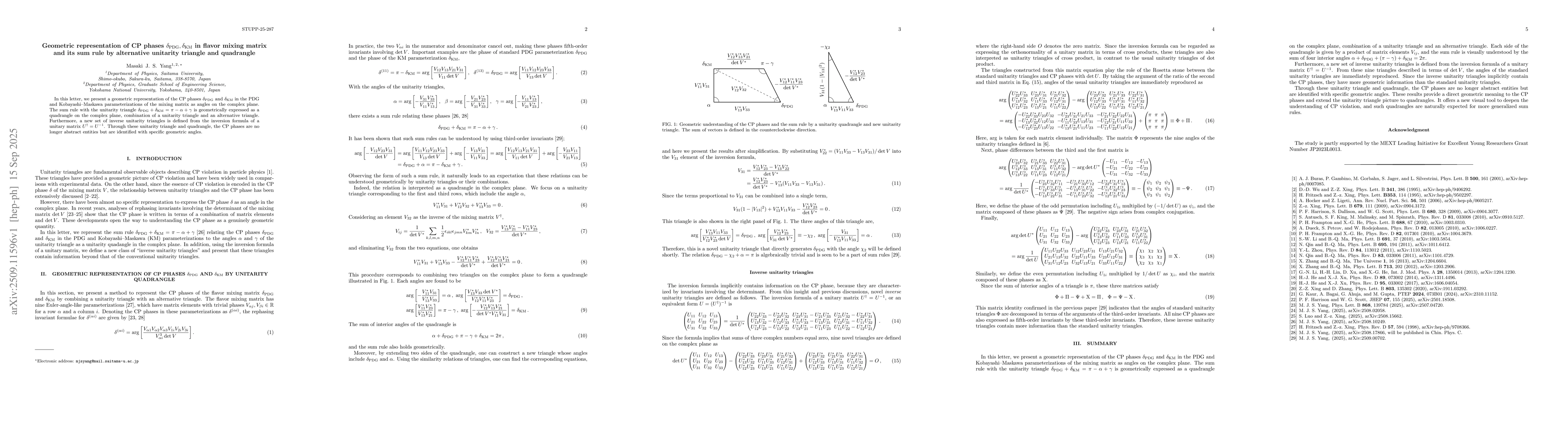 Thumbnail for Geometric representation of CP phases $δ_{\rm PDG}, δ_{\rm
  KM}$ in flavor mixing matrix and its sum rule by alternative unitarity
  triangle and quadrangle