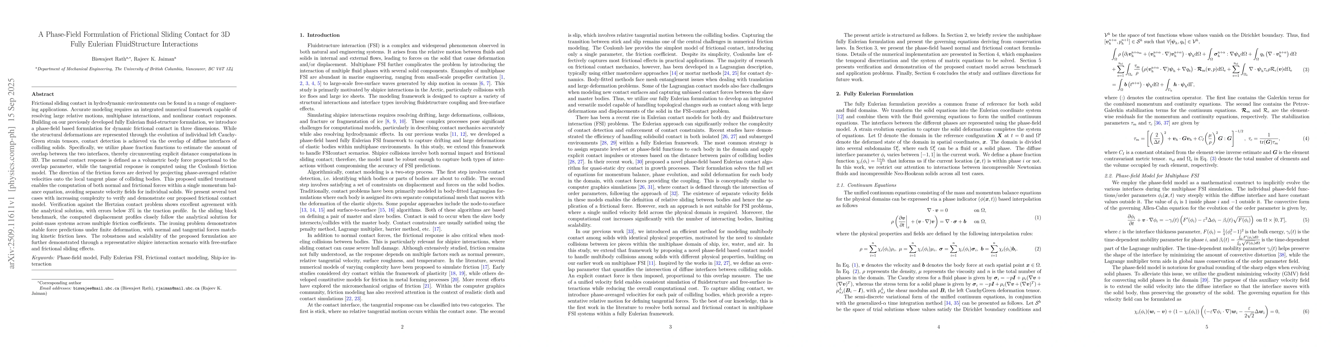 Thumbnail for A Phase Field Formulation of Frictional Sliding Contact for 3D Fully
  Eulerian Fluid Structure Interactions