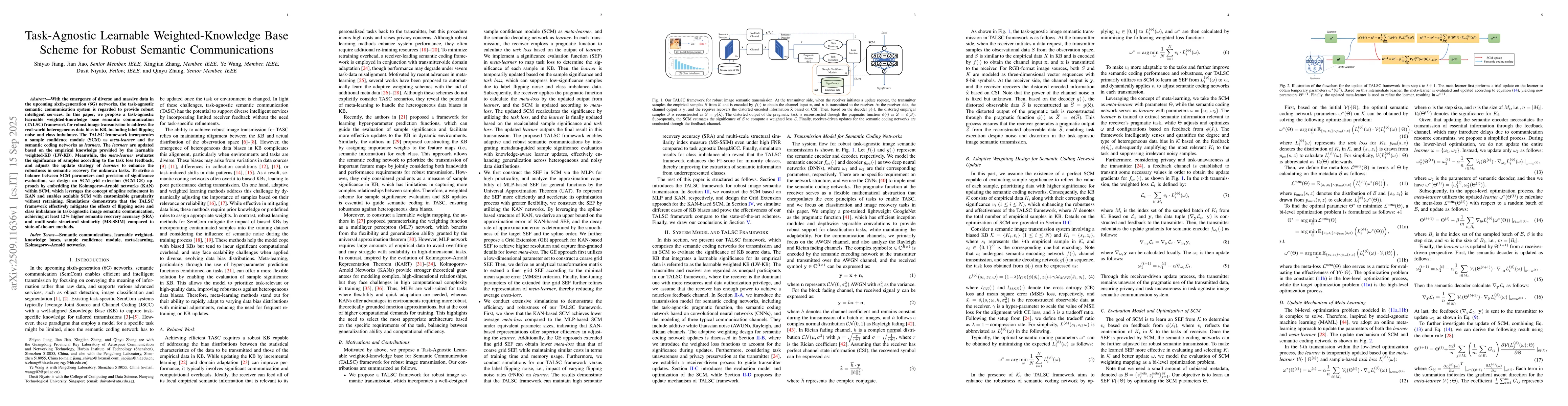 Thumbnail for Task-Agnostic Learnable Weighted-Knowledge Base Scheme for Robust
  Semantic Communications