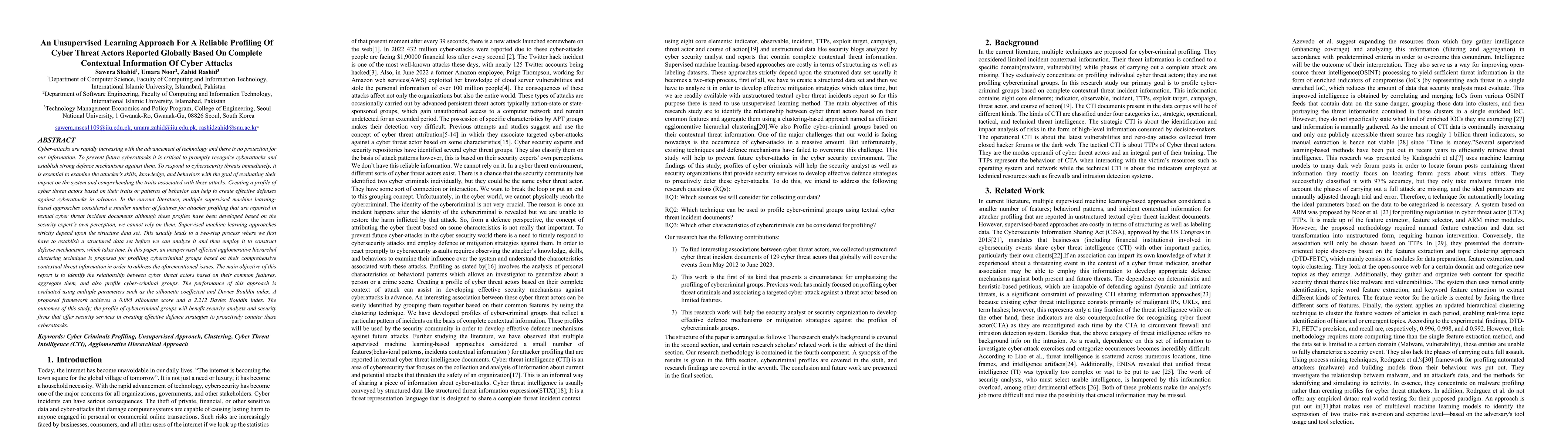 Thumbnail for An Unsupervised Learning Approach For A Reliable Profiling Of Cyber
  Threat Actors Reported Globally Based On Complete Contextual Information Of
  Cyber Attacks