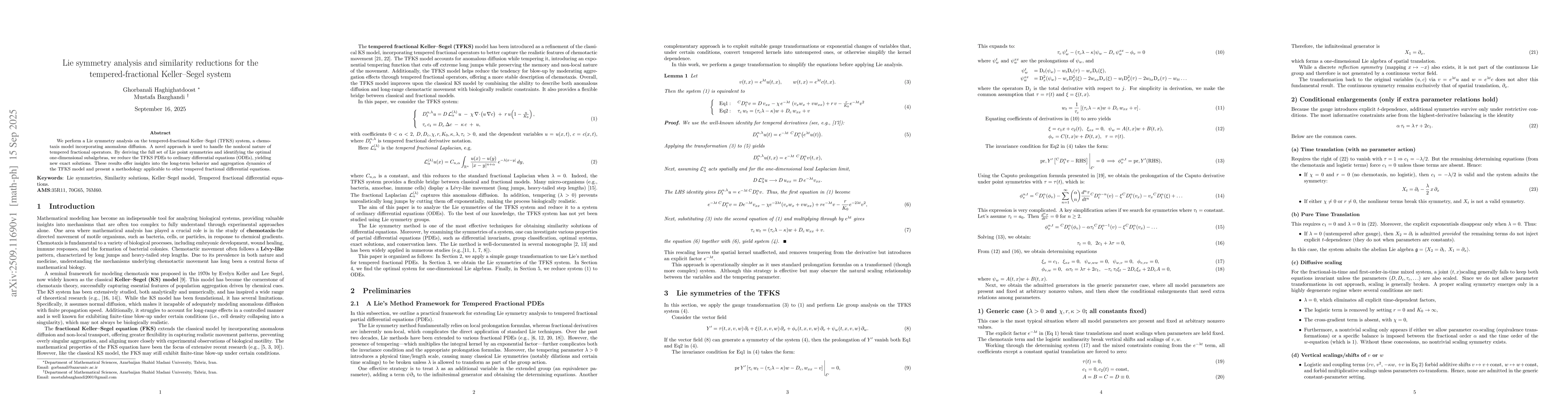 Thumbnail for Lie symmetry analysis and similarity reductions for the
  tempered-fractional Keller Segel system