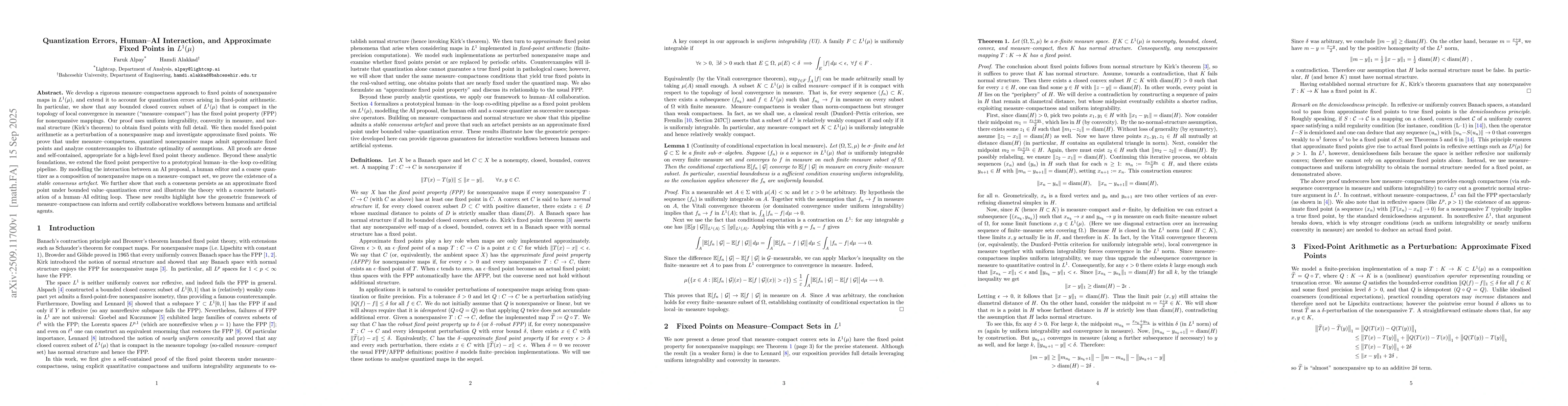 Thumbnail for Quantization Errors, Human--AI Interaction, and Approximate Fixed Points
  in $L^1(μ)$