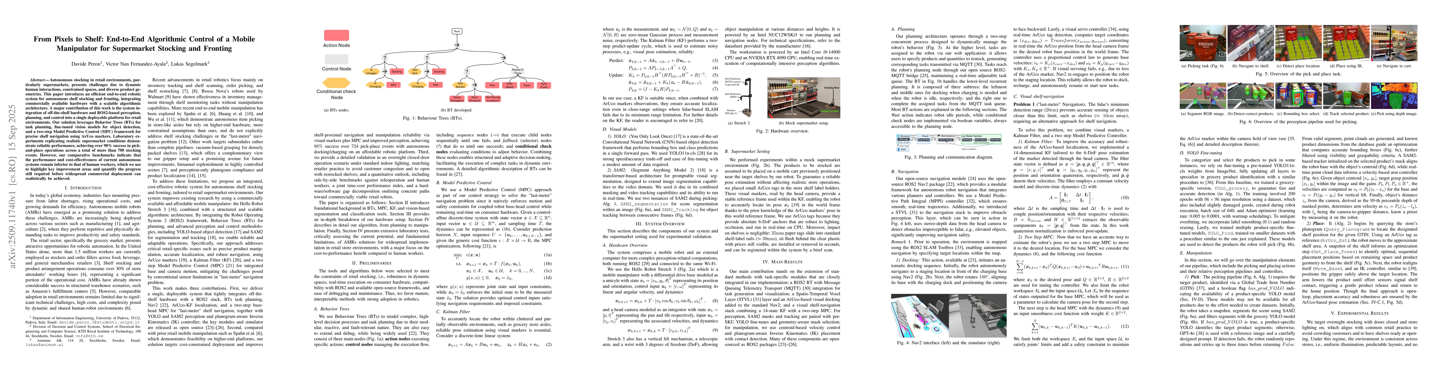 Thumbnail for From Pixels to Shelf: End-to-End Algorithmic Control of a Mobile
  Manipulator for Supermarket Stocking and Fronting