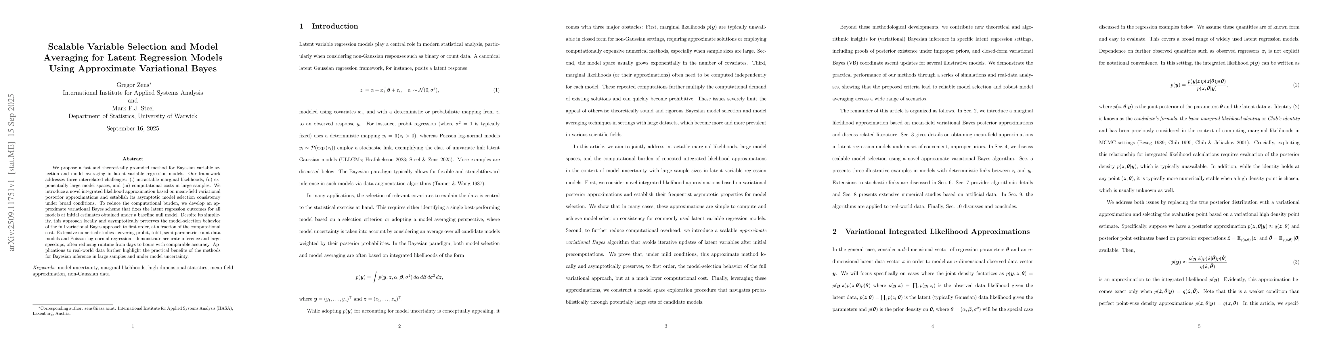 Thumbnail for Scalable Variable Selection and Model Averaging for Latent Regression
  Models Using Approximate Variational Bayes