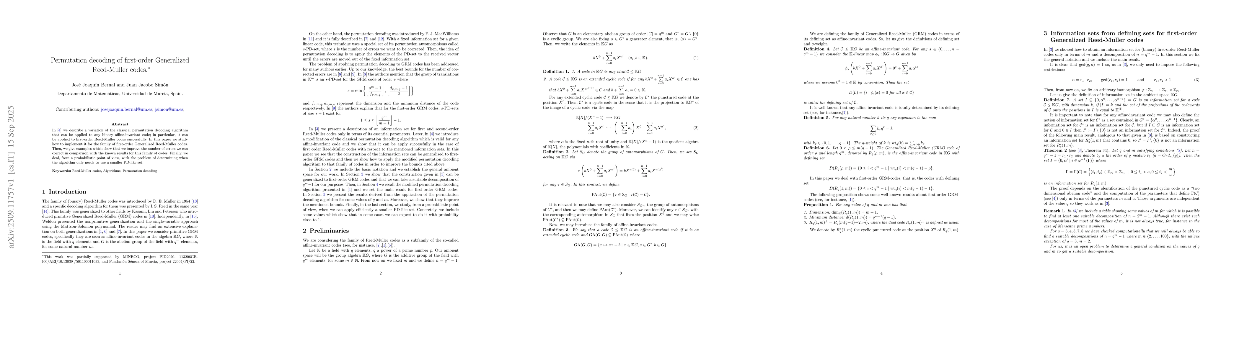Thumbnail for Permutation decoding of first-order Generalized Reed-Muller codes