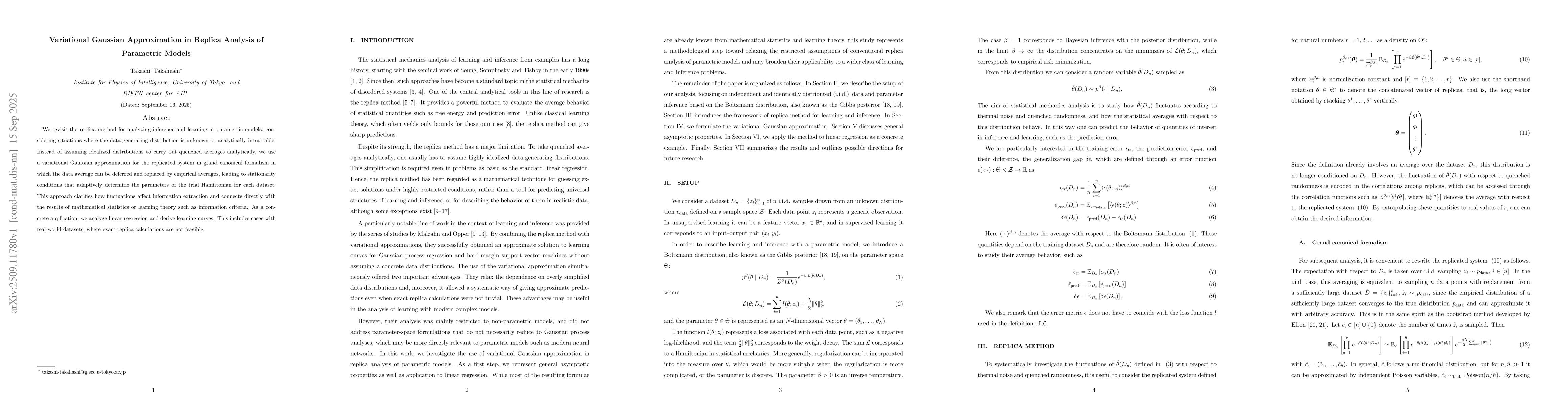 Thumbnail for Variational Gaussian Approximation in Replica Analysis of Parametric
  Models