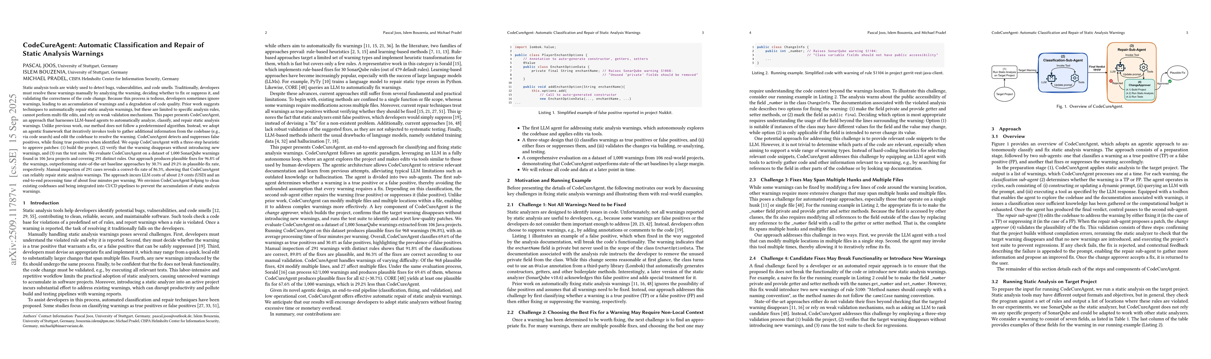 Thumbnail for CodeCureAgent: Automatic Classification and Repair of Static Analysis
  Warnings