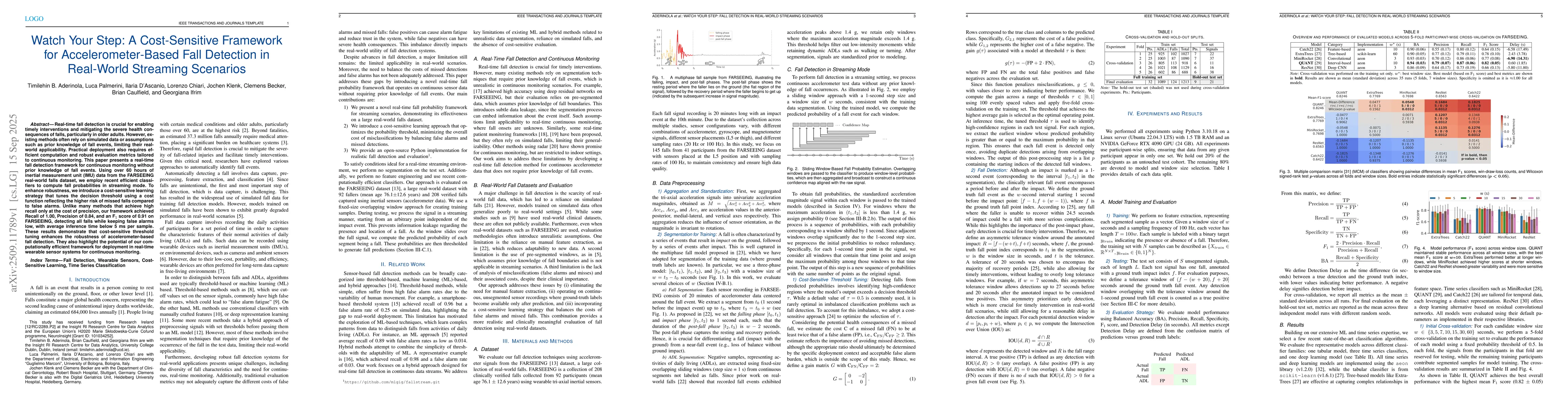 Thumbnail for Watch Your Step: A Cost-Sensitive Framework for Accelerometer-Based Fall
  Detection in Real-World Streaming Scenarios