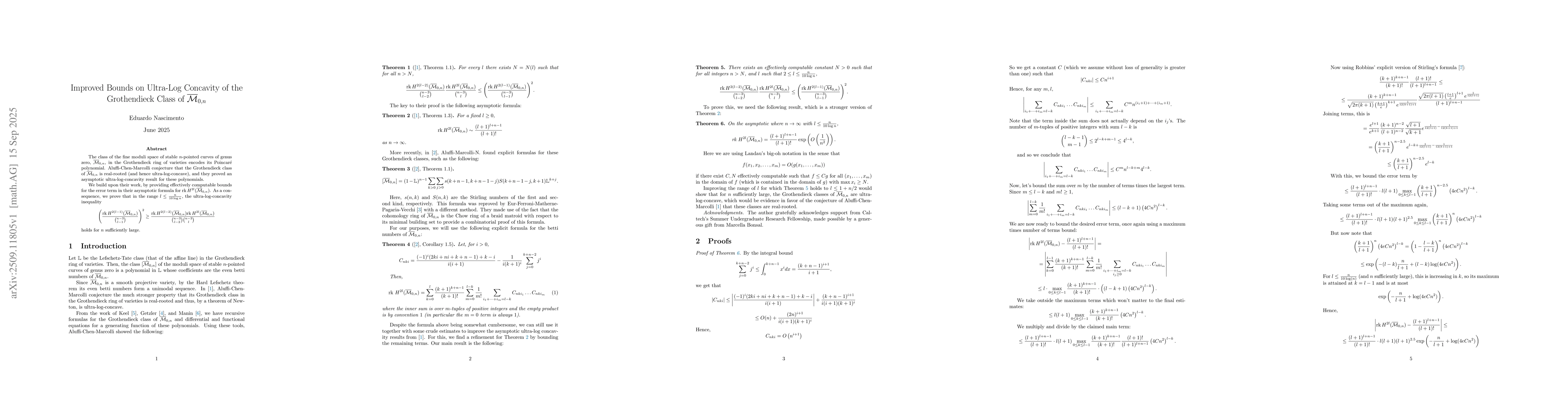 Thumbnail for Improved Bounds on Ultra-Log Concavity of the Grothendieck Class of
  $\overline{\mathcal{M}_{0,n}}$