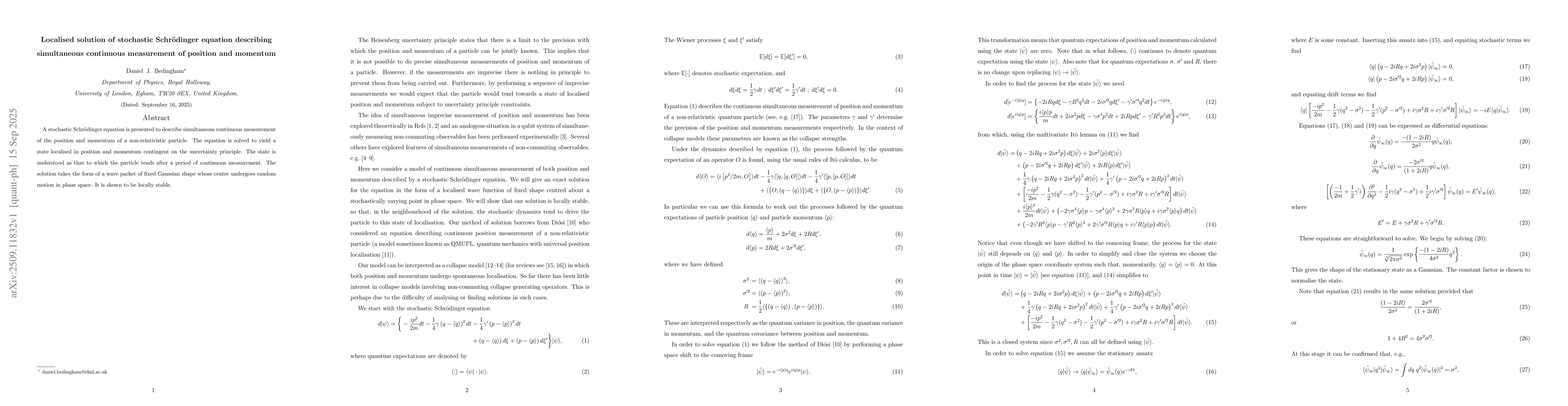 Thumbnail for Localised solution of stochastic Schrödinger equation describing
  simultaneous continuous measurement of position and momentum