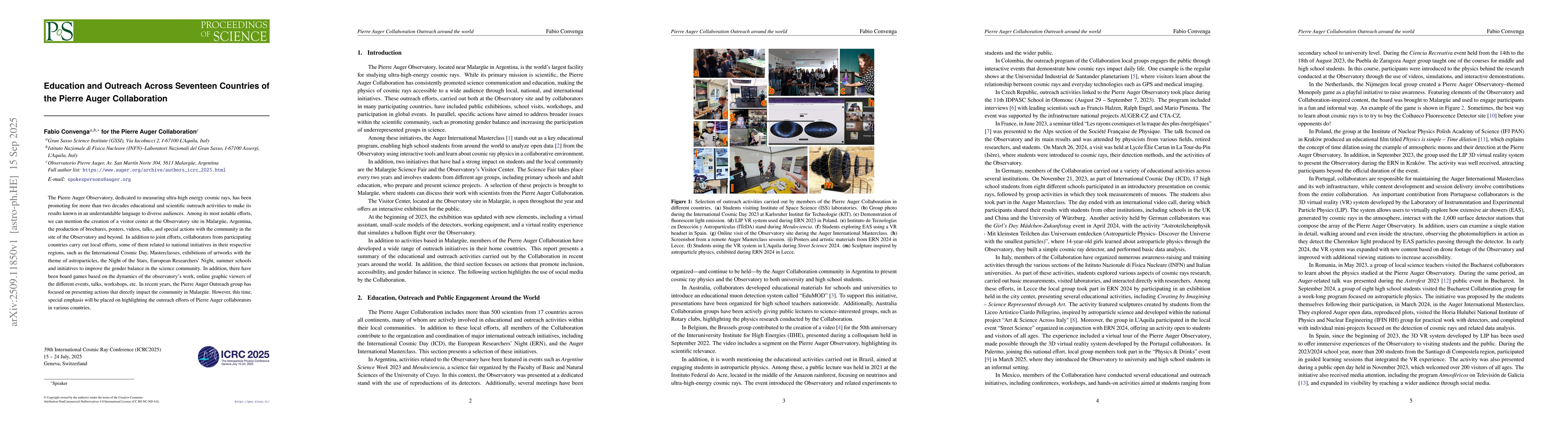 Thumbnail for Education and Outreach Across Seventeen Countries of the Pierre Auger
  Collaboration