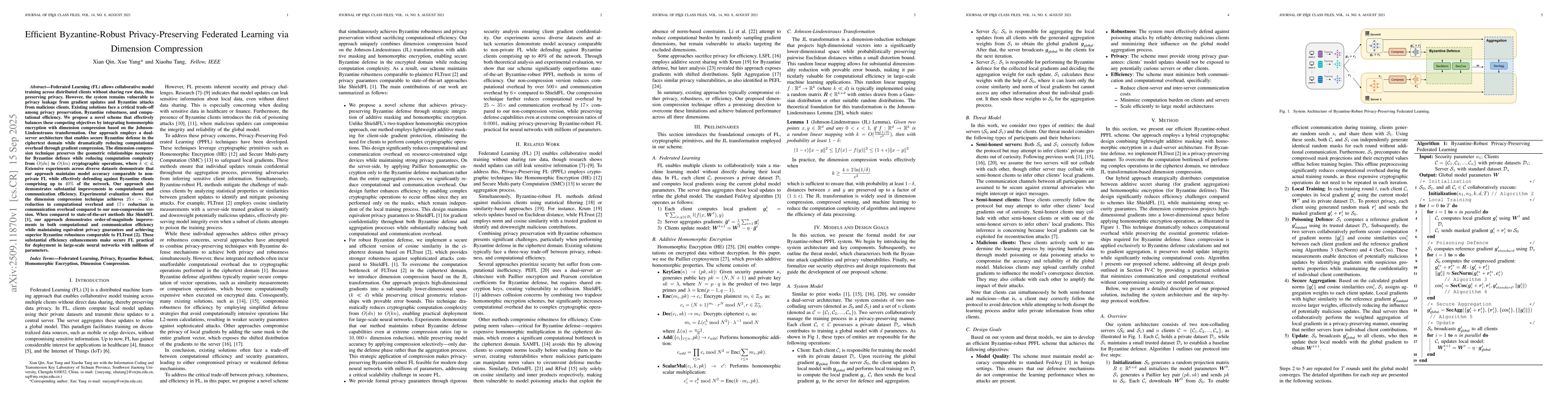 Thumbnail for Efficient Byzantine-Robust Privacy-Preserving Federated Learning via
  Dimension Compression