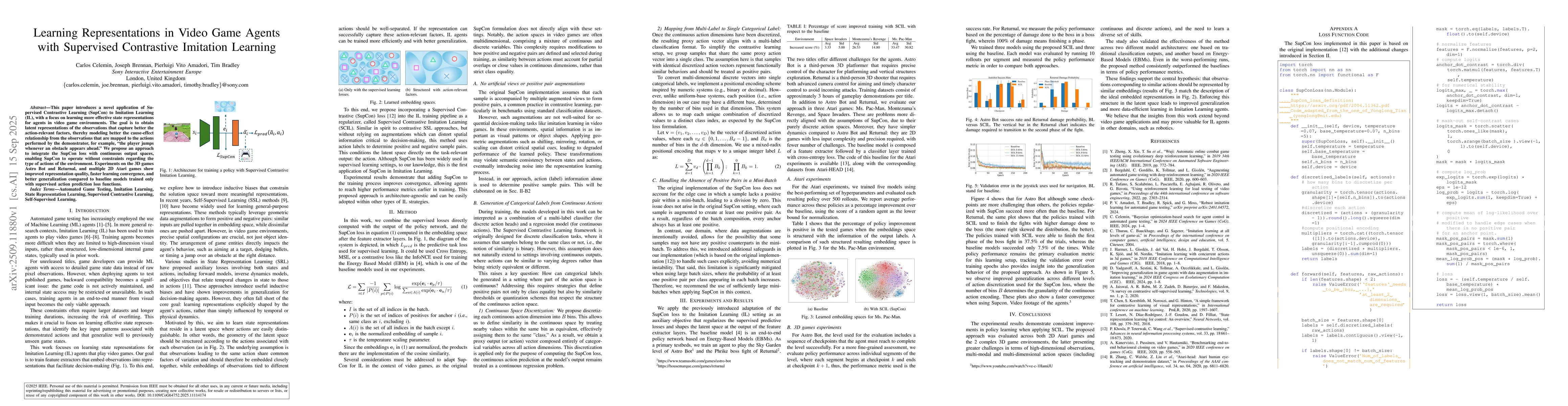 Thumbnail for Learning Representations in Video Game Agents with Supervised
  Contrastive Imitation Learning