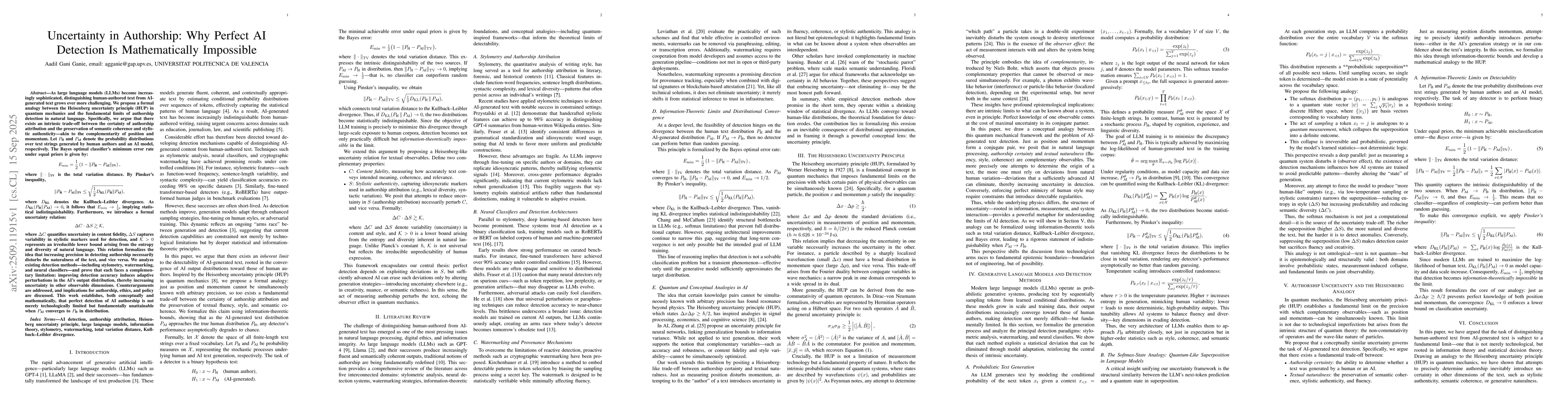 Thumbnail for Uncertainty in Authorship: Why Perfect AI Detection Is Mathematically
  Impossible