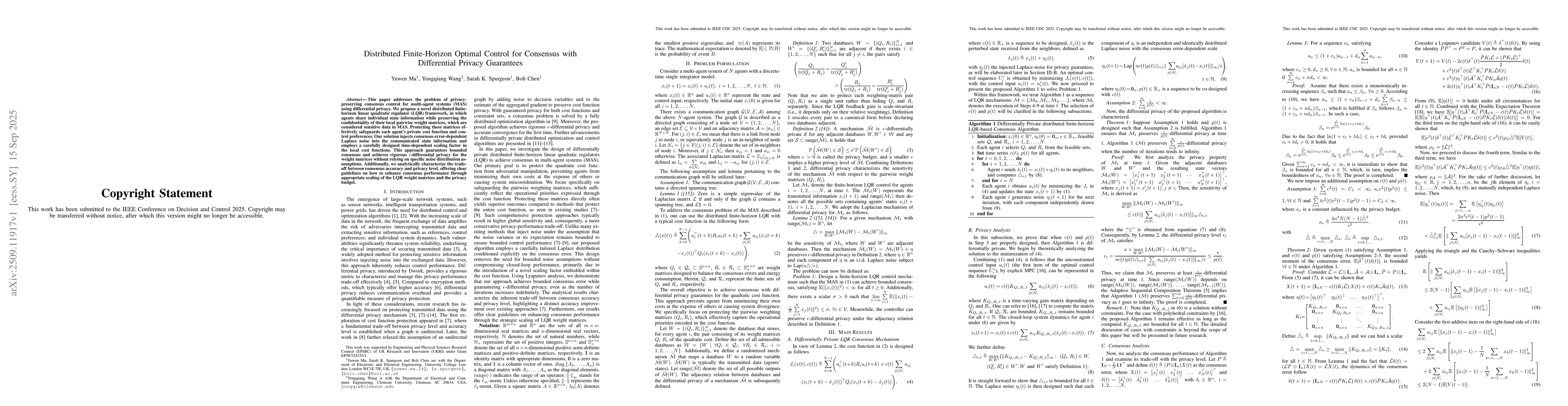 Thumbnail for Distributed Finite-Horizon Optimal Control for Consensus with
  Differential Privacy Guarantees