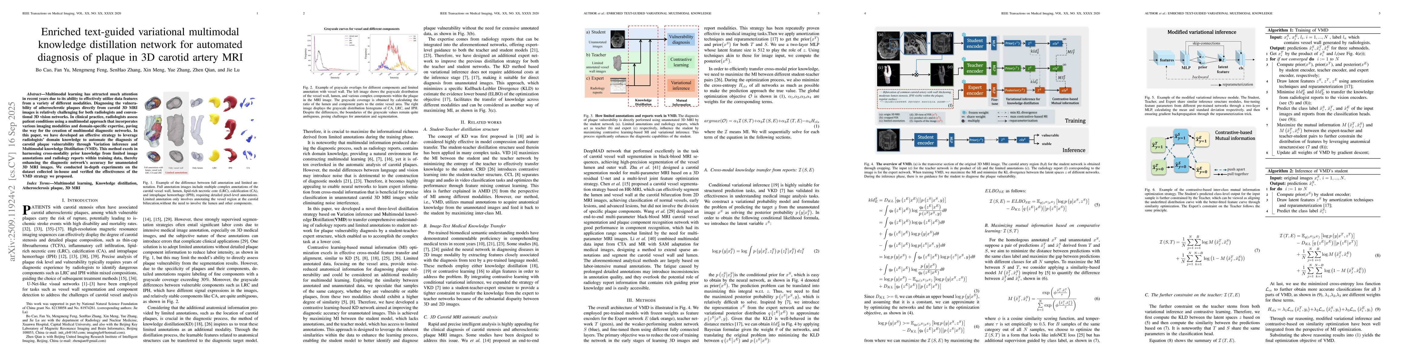 Thumbnail for Enriched text-guided variational multimodal knowledge distillation
  network (VMD) for automated diagnosis of plaque vulnerability in 3D carotid
  artery MRI