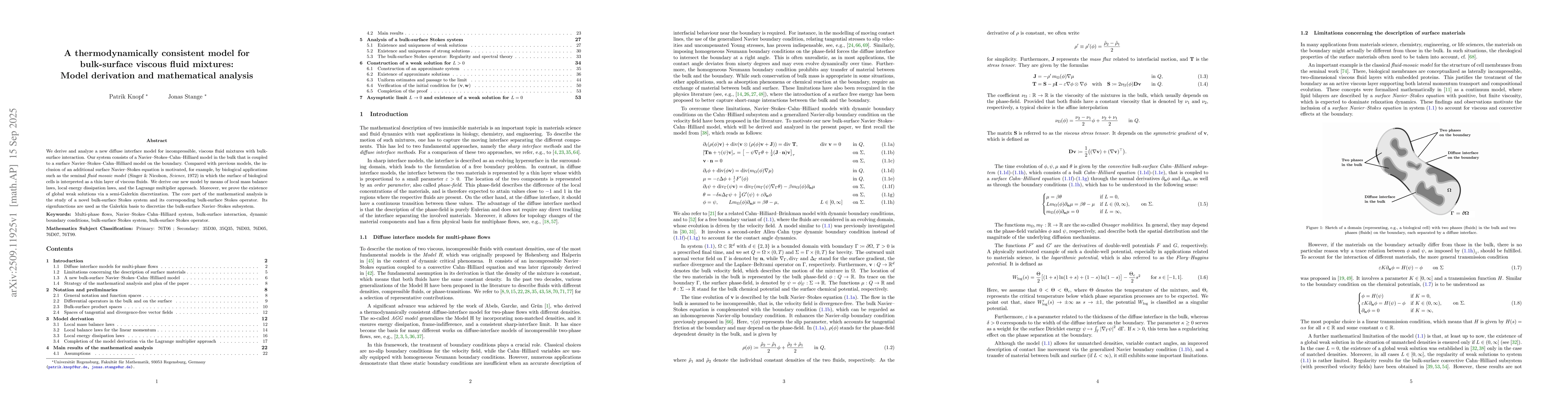 Thumbnail for A thermodynamically consistent model for bulk-surface viscous fluid
  mixtures: Model derivation and mathematical analysis