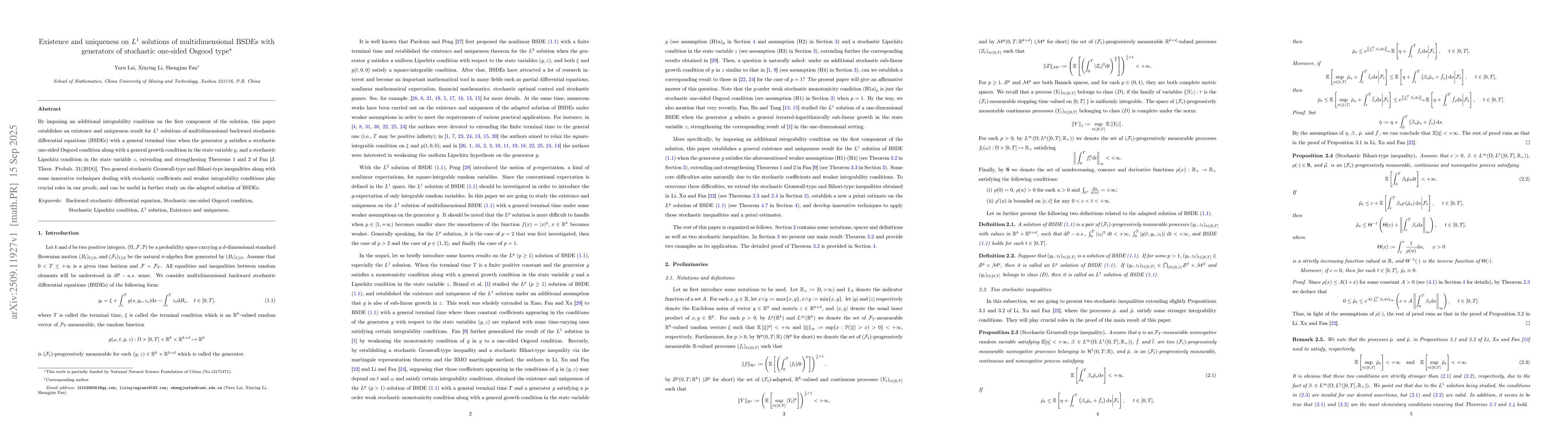Thumbnail for Existence and uniqueness on $L^1$ solutions of multidimensional BSDEs
  with generators of stochastic one-sided Osgood type