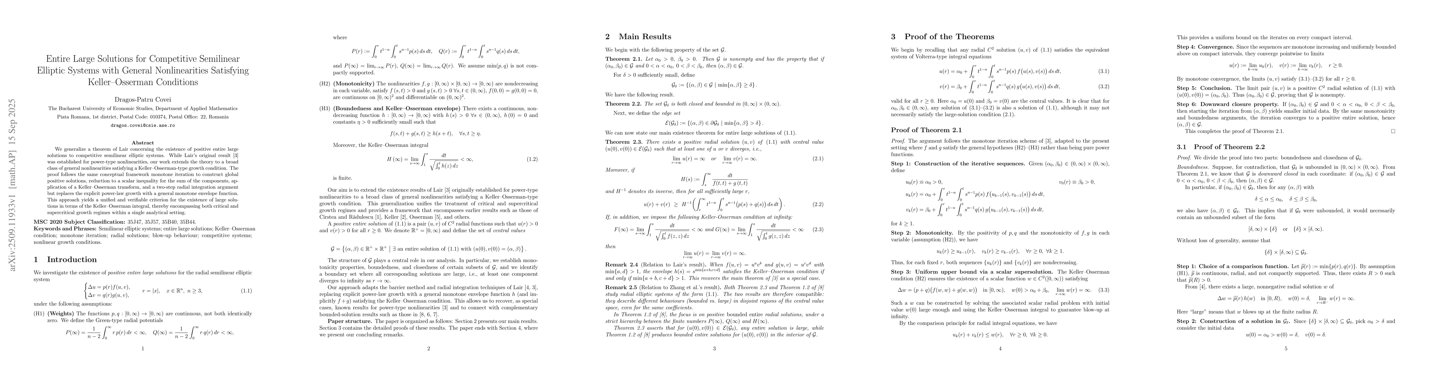 Thumbnail for Entire Large Solutions for Competitive Semilinear Elliptic Systems with
  General Nonlinearities Satisfying Keller--Osserman Conditions
