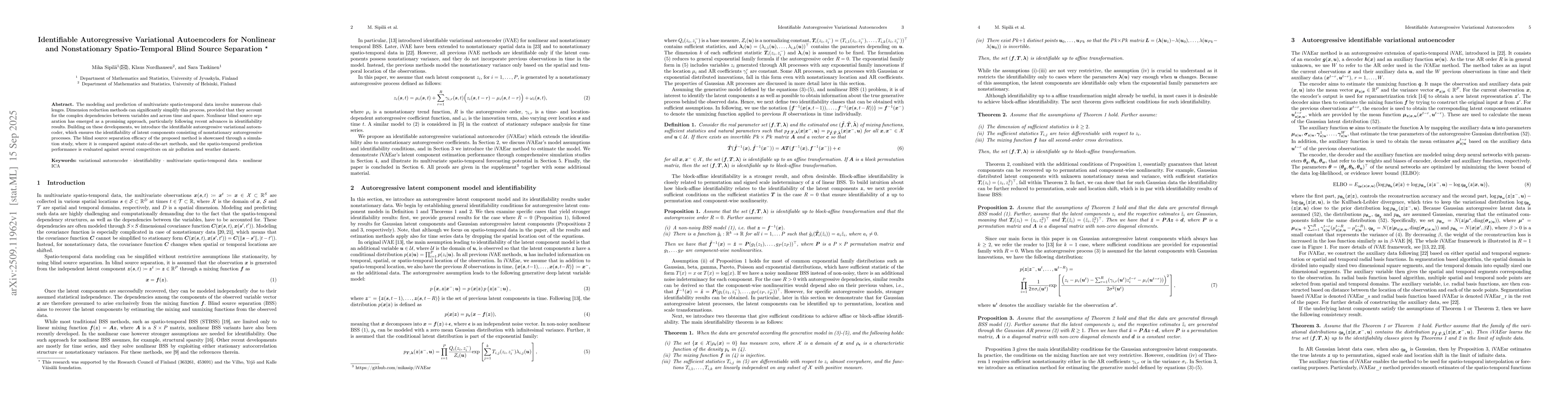 Thumbnail for Identifiable Autoregressive Variational Autoencoders for Nonlinear and
  Nonstationary Spatio-Temporal Blind Source Separation