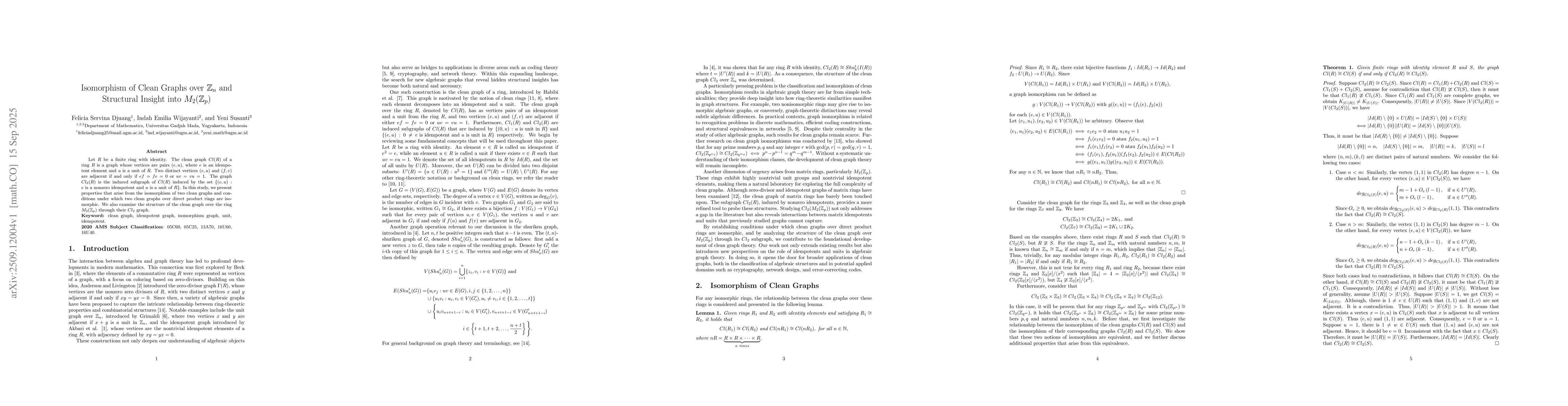 Thumbnail for Isomorphism of Clean Graphs over $\mathbb{Z}_n$ and Structural Insight
  into $M_2(\mathbb{Z}_p)$