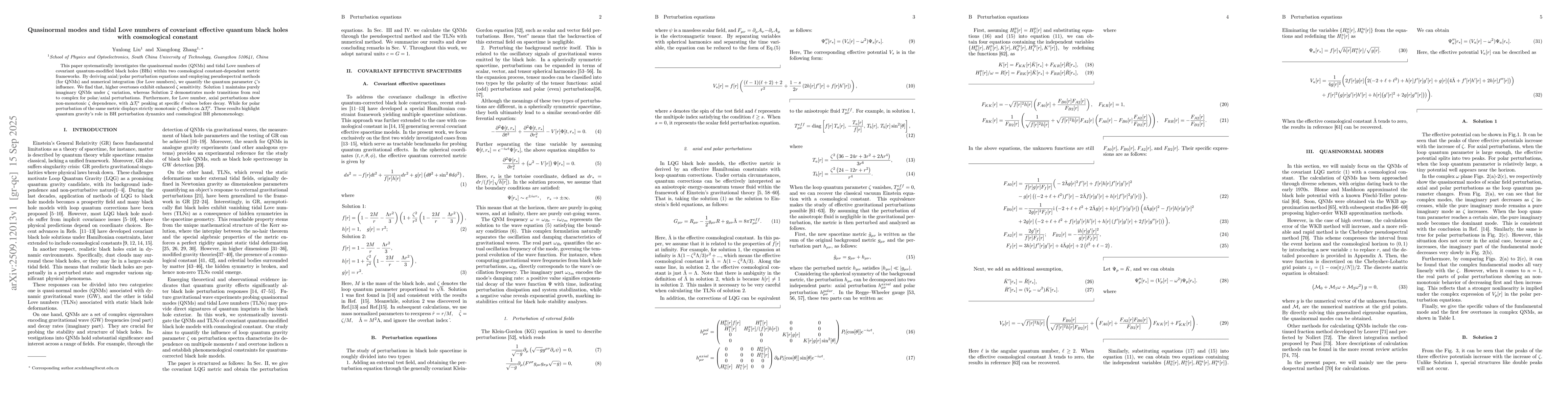 Thumbnail for Quasinormal modes and tidal Love numbers of covariant effective quantum
  black holes with cosmological constant