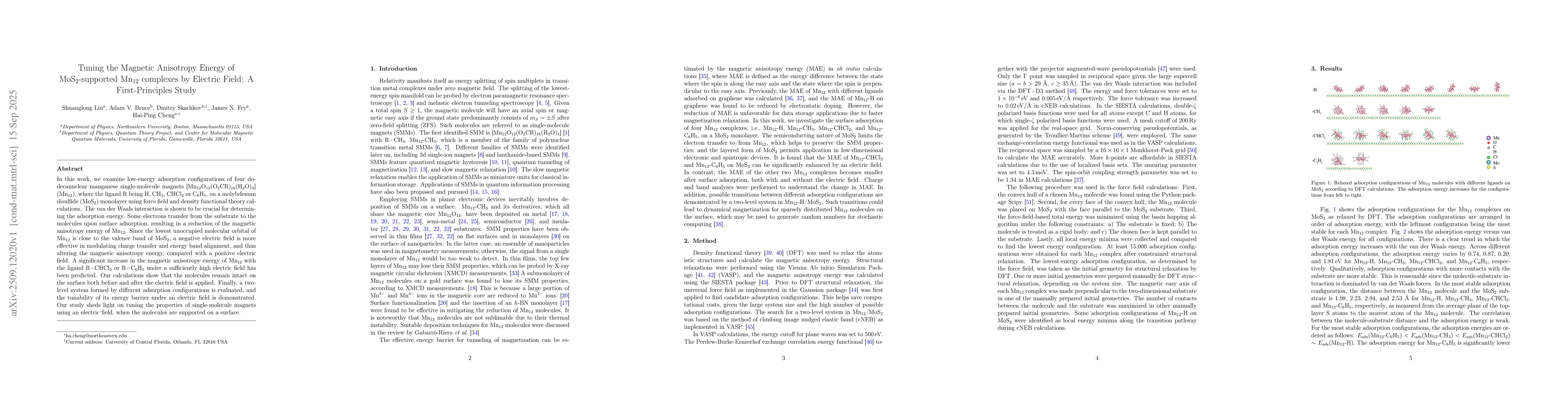 Thumbnail for Tuning the Magnetic Anisotropy Energy of MoS$_2$-supported Mn$_{12}$
  complexes by Electric Field: A First-Principles Study