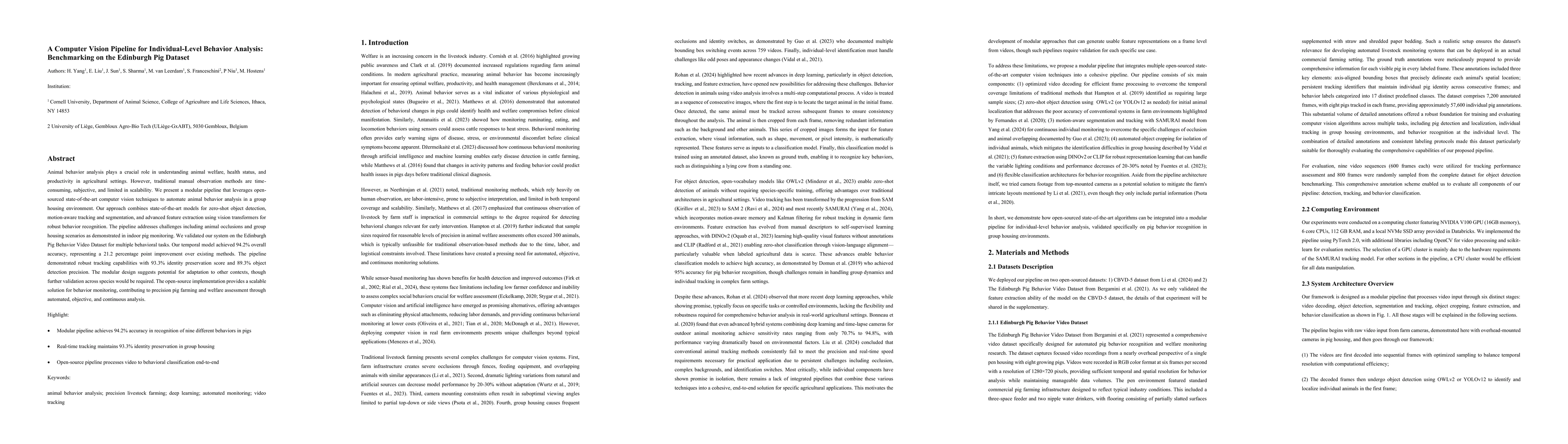 Thumbnail for A Computer Vision Pipeline for Individual-Level Behavior Analysis:
  Benchmarking on the Edinburgh Pig Dataset