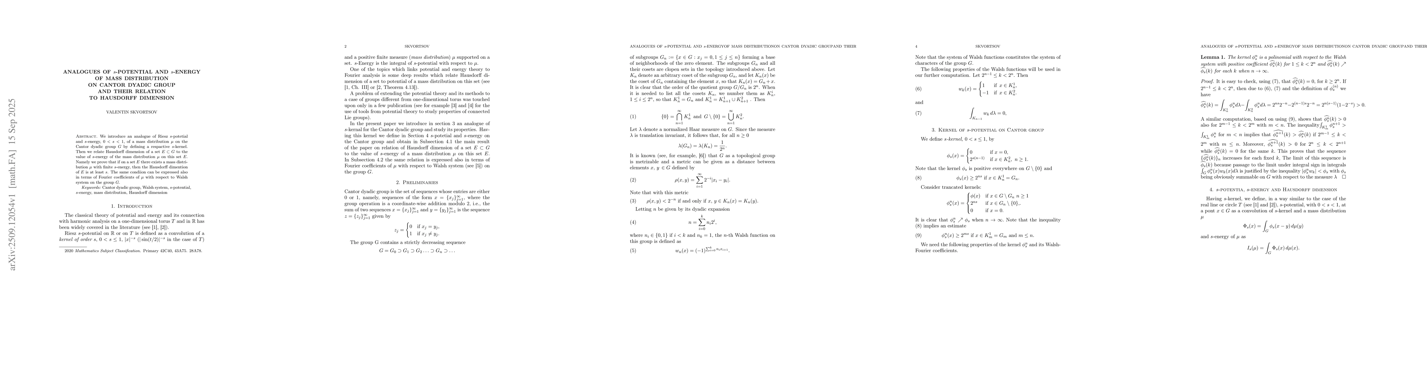 Thumbnail for Analogues of $s$-potential and $s$-energy of mass distribution on Cantor
  dyadic group and their relation to Hausdorff dimension