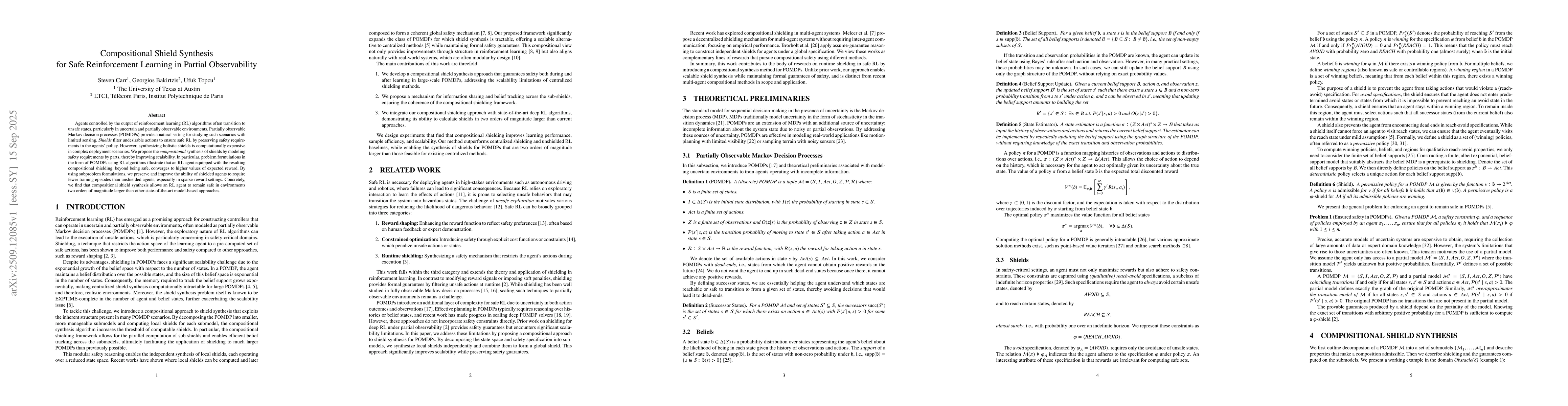 Thumbnail for Compositional shield synthesis for safe reinforcement learning in
  partial observability