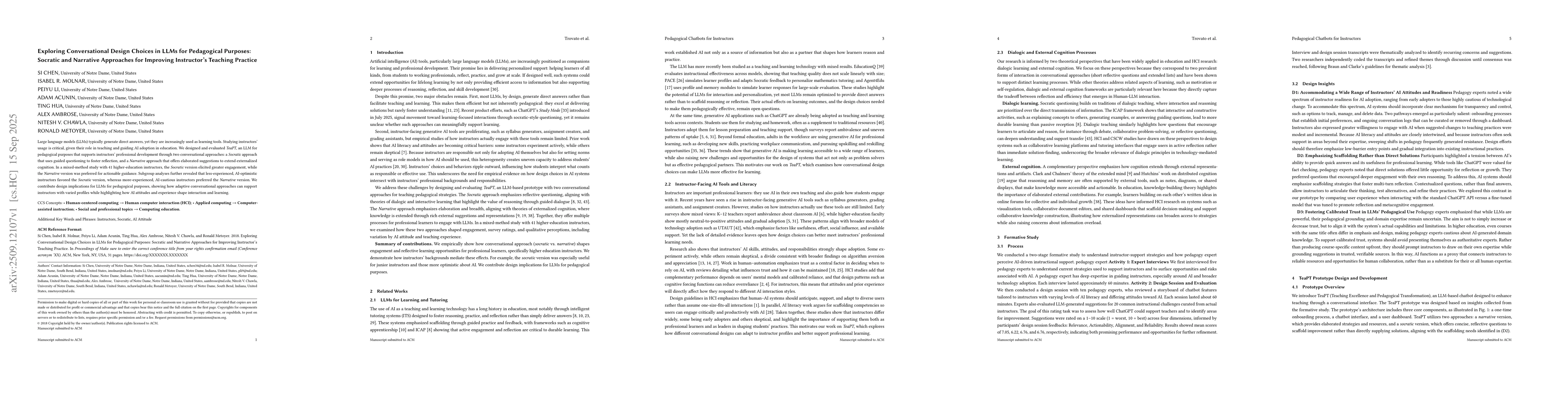 Thumbnail for Exploring Conversational Design Choices in LLMs for Pedagogical
  Purposes: Socratic and Narrative Approaches for Improving Instructor's
  Teaching Practice