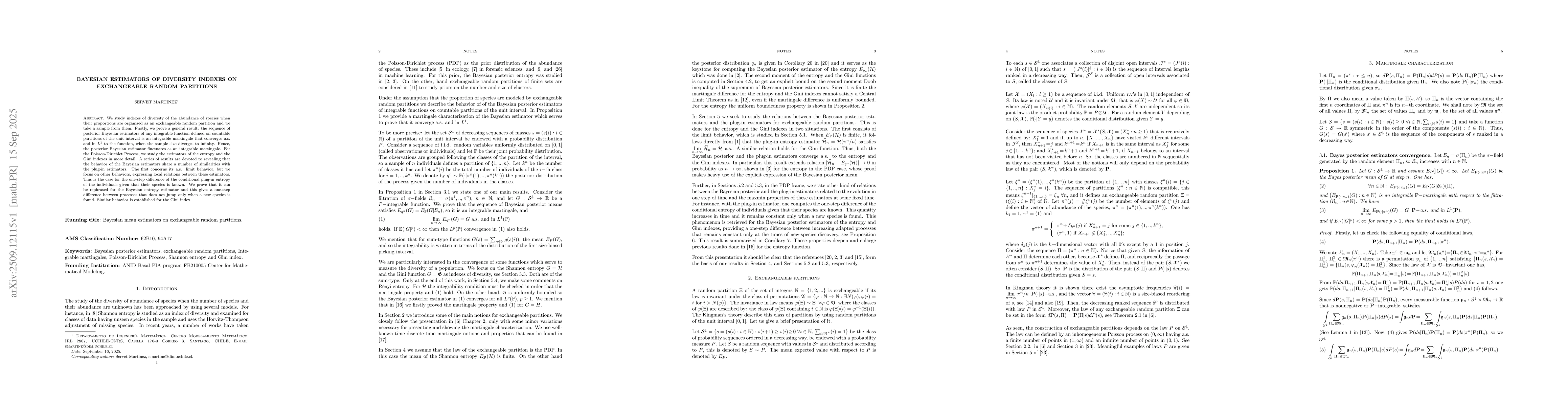 Thumbnail for Bayesian estimators of diversity indexes on exchangeable random
  partitions