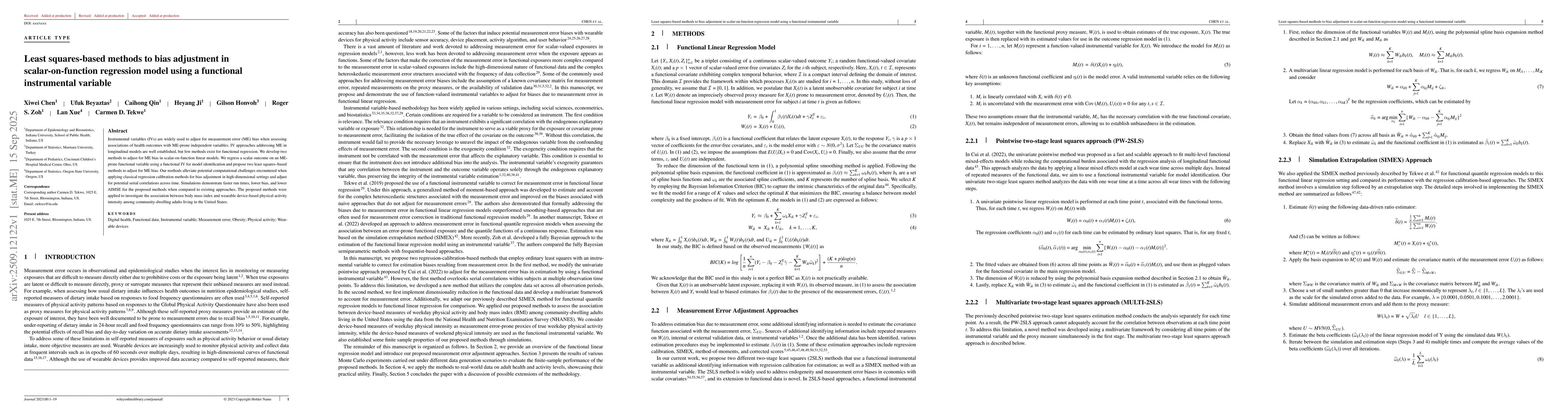 Thumbnail for Least squares-based methods to bias adjustment in scalar-on-function
  regression model using a functional instrumental variable