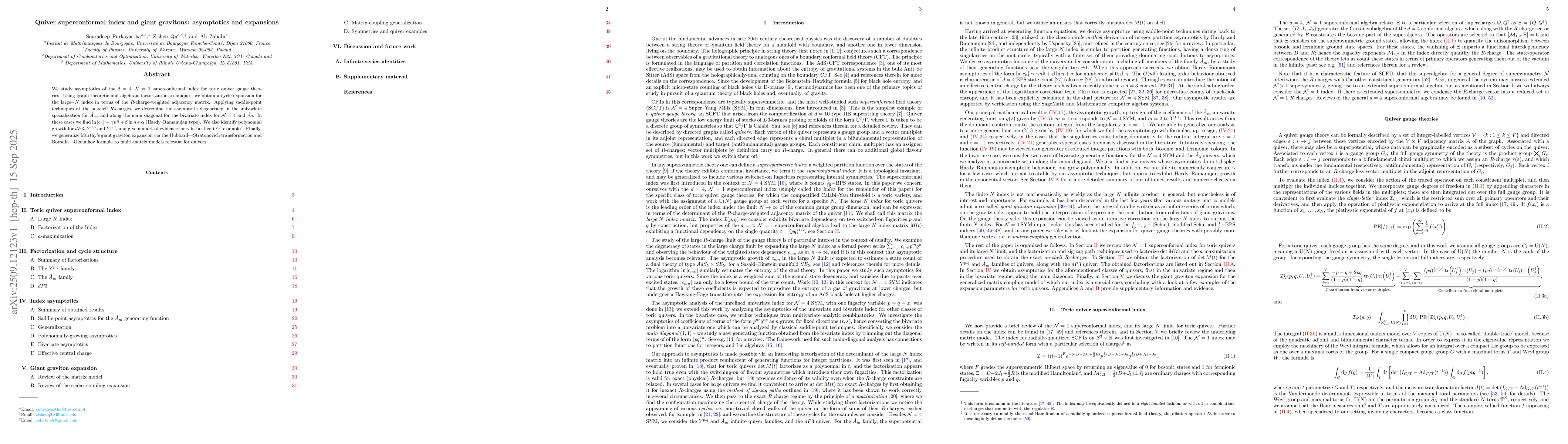Thumbnail for Quiver superconformal index and giant gravitons: asymptotics and
  expansions