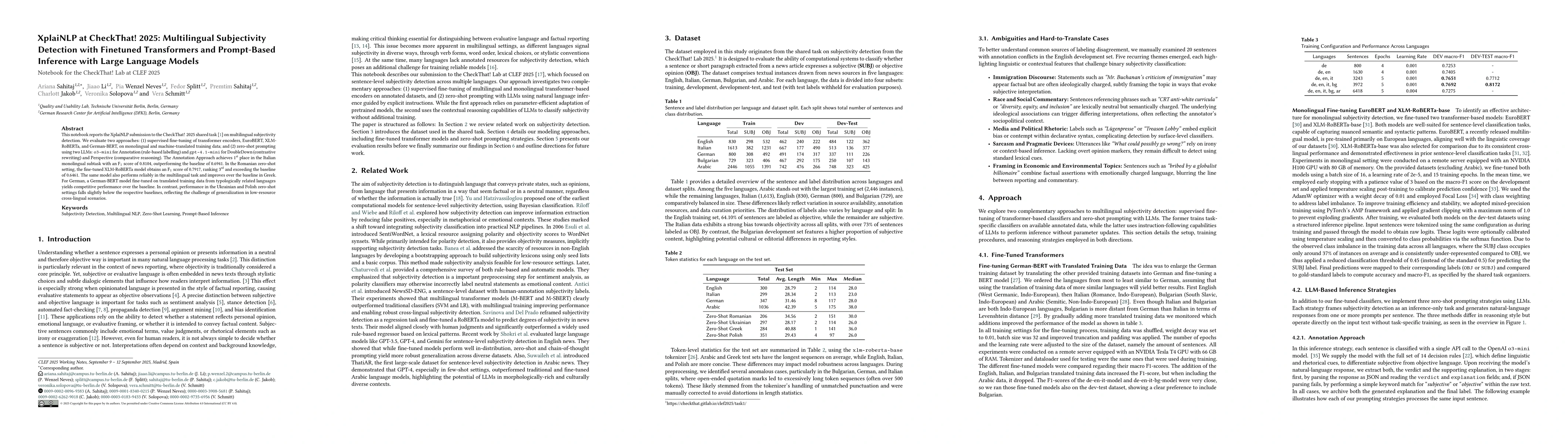 Thumbnail for XplaiNLP at CheckThat! 2025: Multilingual Subjectivity Detection with
  Finetuned Transformers and Prompt-Based Inference with Large Language Models