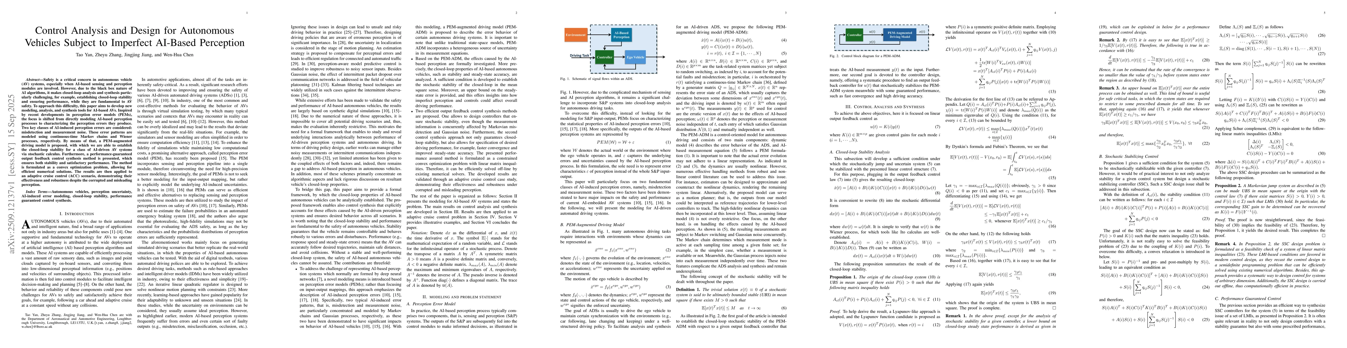 Thumbnail for Control Analysis and Design for Autonomous Vehicles Subject to Imperfect
  AI-Based Perception