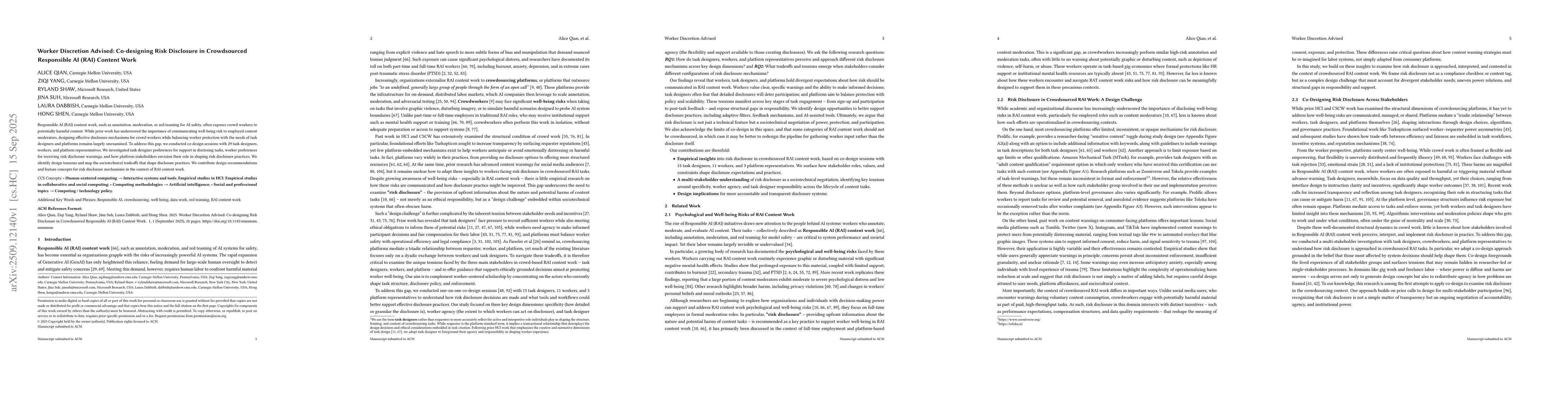 Thumbnail for Worker Discretion Advised: Co-designing Risk Disclosure in Crowdsourced
  Responsible AI (RAI) Content Work