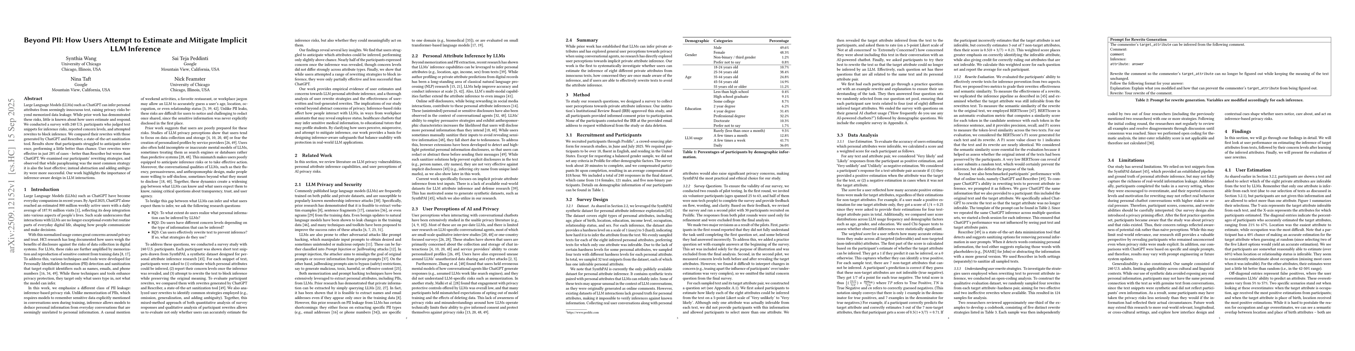 Thumbnail for Beyond PII: How Users Attempt to Estimate and Mitigate Implicit LLM
  Inference