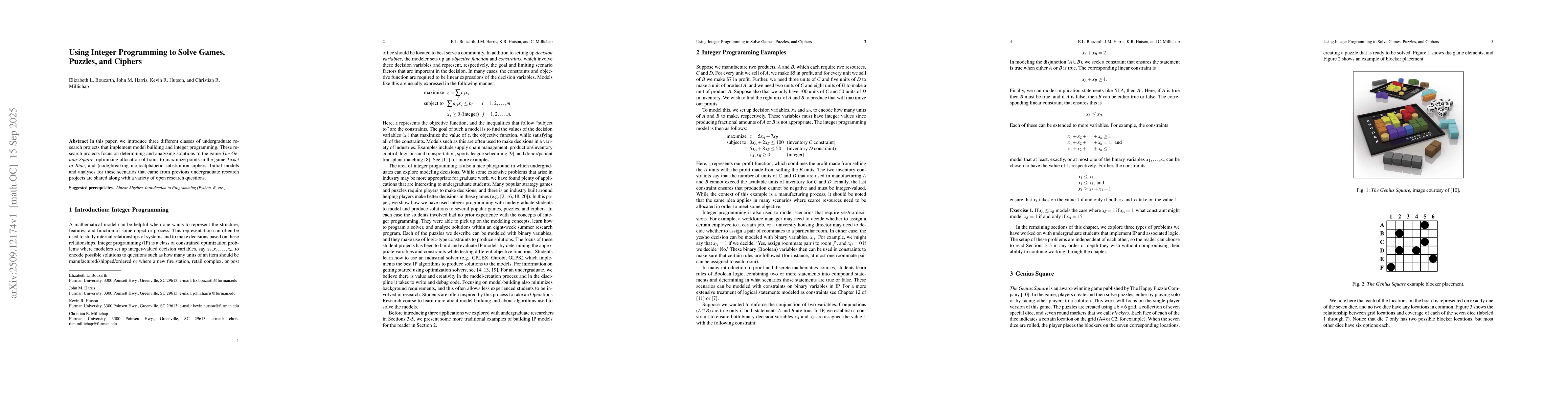Thumbnail for Using Integer Programming to Solve Games, Puzzles, and Ciphers