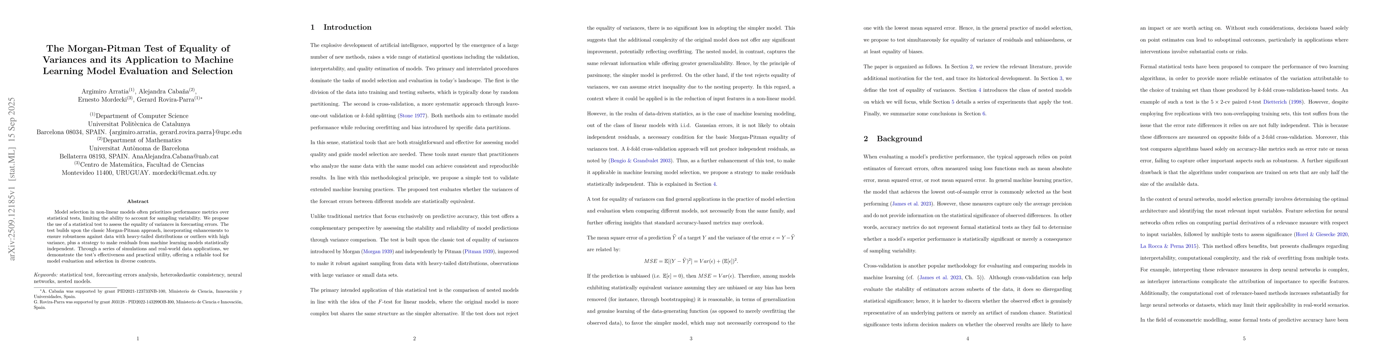 Thumbnail for The Morgan-Pitman Test of Equality of Variances and its Application to
  Machine Learning Model Evaluation and Selection
