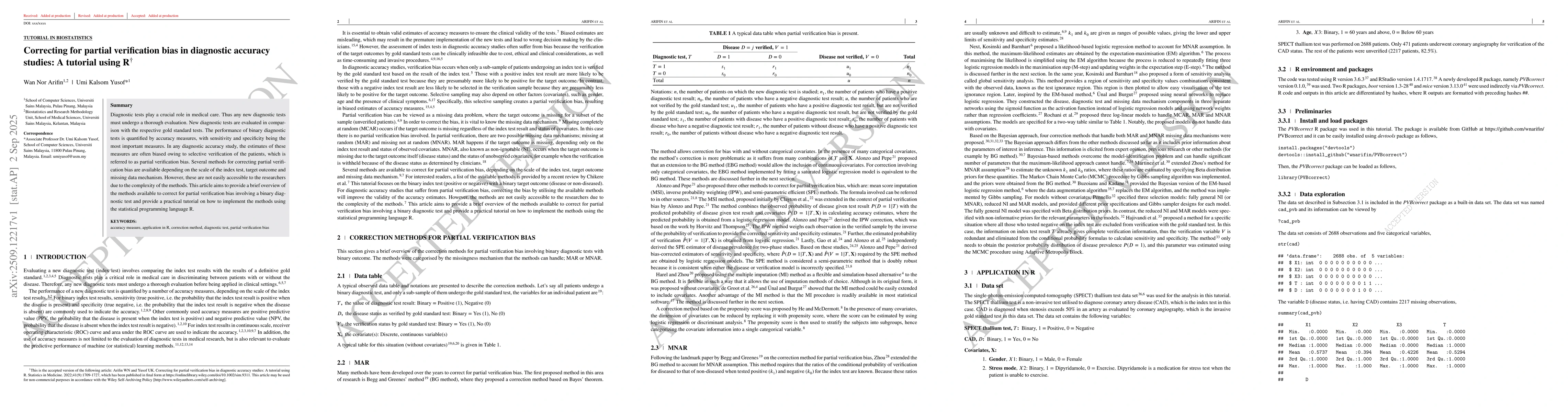 Thumbnail for Correcting for partial verification bias in diagnostic accuracy studies:
  A tutorial using R