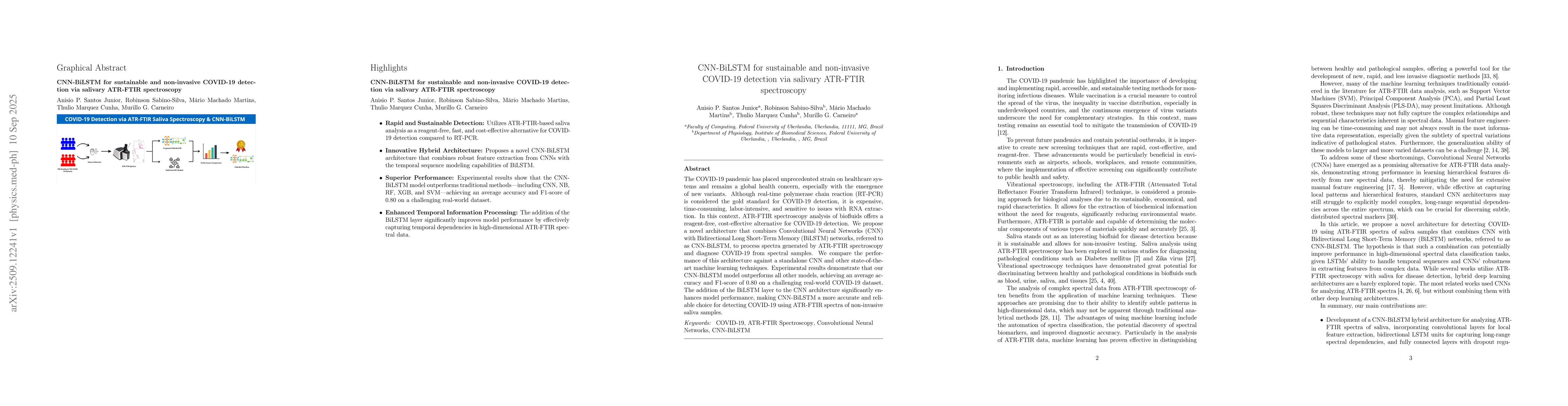 Thumbnail for CNN-BiLSTM for sustainable and non-invasive COVID-19 detection via
  salivary ATR-FTIR spectroscopy