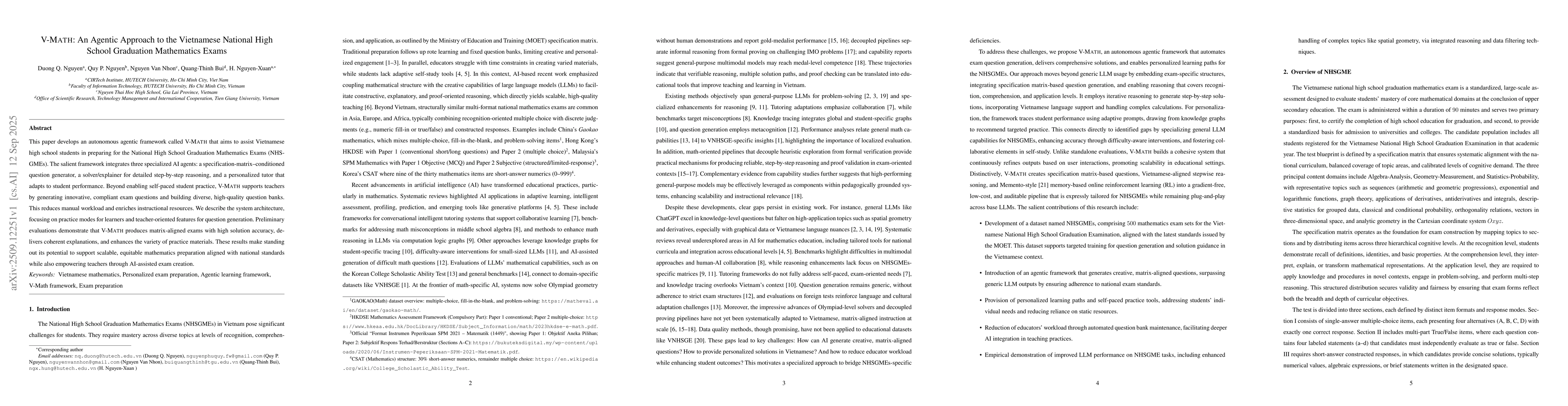 Thumbnail for V-Math: An Agentic Approach to the Vietnamese National High School
  Graduation Mathematics Exams