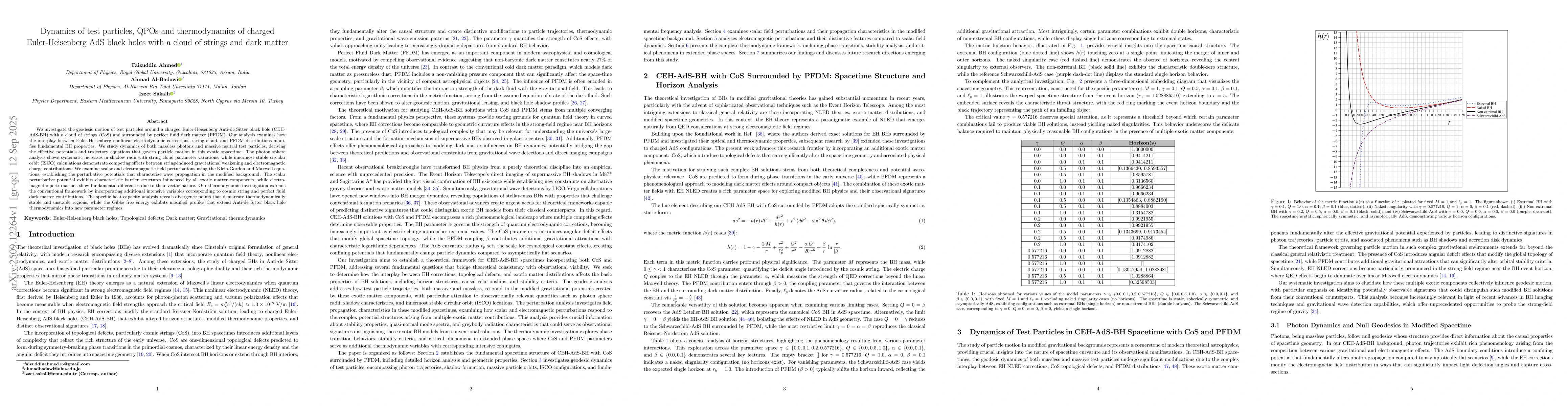 Thumbnail for Dynamics of test particles, QPOs and thermodynamics of charged
  Euler-Heisenberg AdS black holes with a cloud of strings and dark matter