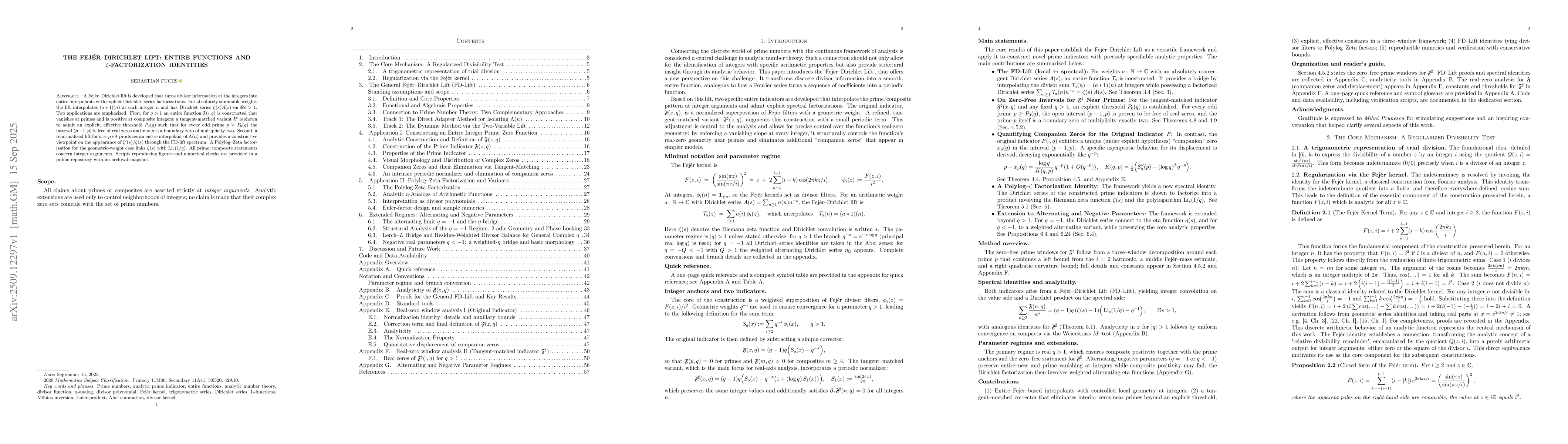 Thumbnail for The Fejér-Dirichlet Lift: Entire Functions and $ζ$-Factorization
  Identities