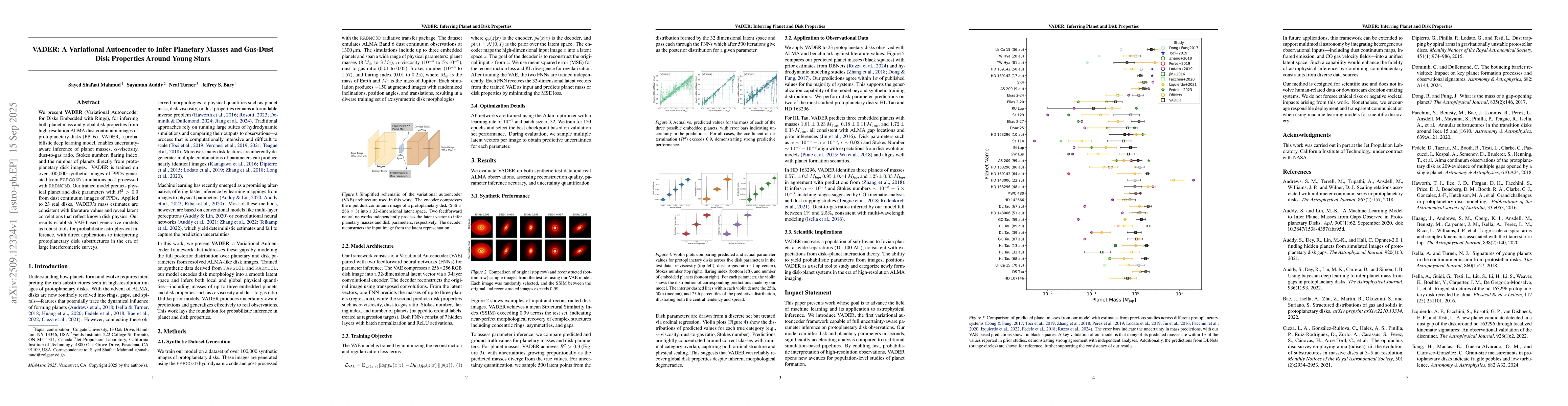 Thumbnail for VADER: A Variational Autoencoder to Infer Planetary Masses and Gas-Dust
  Disk Properties Around Young Stars